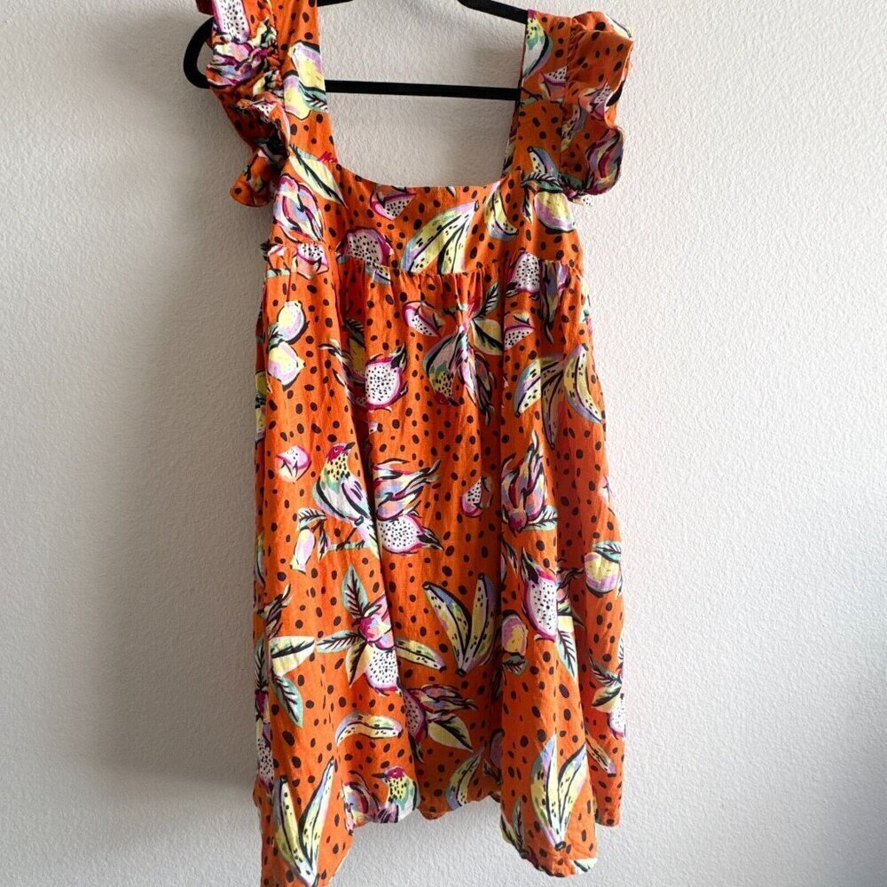 Anthropologie Kourt Aria Linen Tropical Short Dress Pockets Fruit Bird Medium - Picture 9 of 14